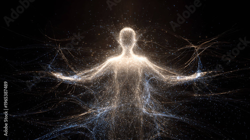 Ethereal Celestial Figure Formed by Light Threads Floating in Cosmic Space