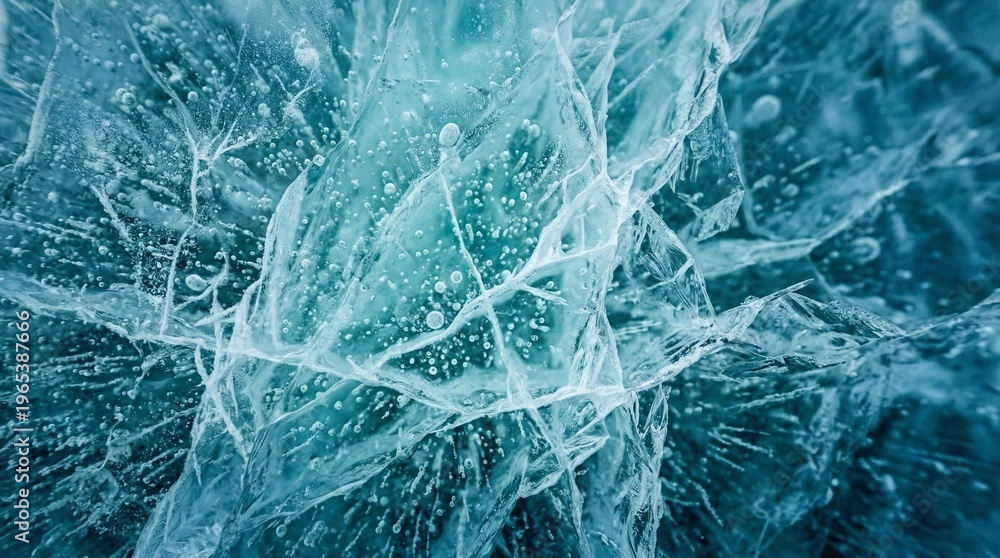 Obraz premium Macro texture of crystalline ice with air bubbles and cracks