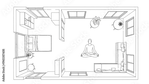 Top-down architectural plan of a compact apartment, featuring a dedicated meditation space for mindful living