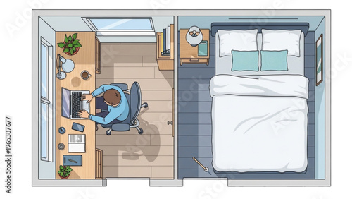 Overhead illustration of a compact apartment layout showcasing a productive home office and a comfortable bedroom