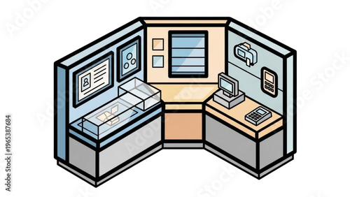 Isometric graphic depicting a museum or gallery section with historical items and an information point for visitors