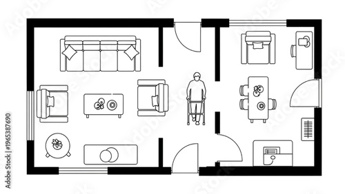 Top-down schematic view of a compact apartment floor plan illustrating furniture layout and interior design concept
