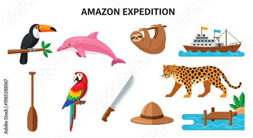 Amazon Expedition Jungle Adventure Icons Set.