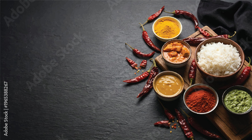 Selection of indian spices and rice dishes with dried chilies on a dark slate surface with indian food with dried chili with food bowls