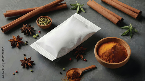 Spice blend ingredients featuring cinnamon sticks, star anise, turmeric powder, and blank packaging pouch, spice mix, food ingredient, raw food