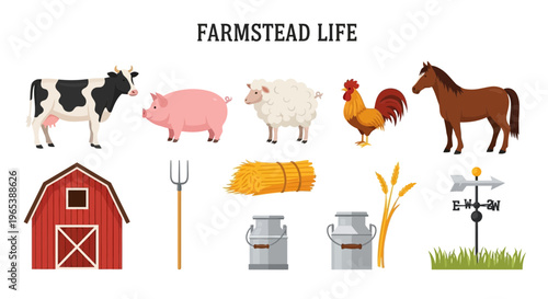 Farm animals and tools on farmstead.