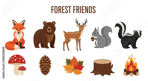 Forest animals and nature elements icons.