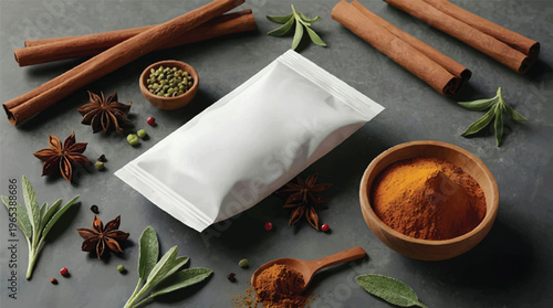 Overhead view of white packaging surrounded by spices like star anise, cinnamon, and turmeric powder on a slate surface, spice mix, food ingredient
