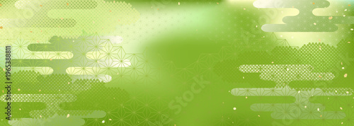 抹茶とミルクのようなグラデーションと伝統的な模様を合わせた和風背景イラスト