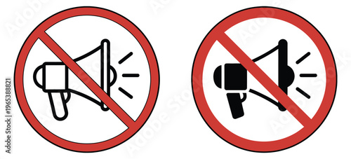 No loudspeaker prohibition icon collection featuring crossed megaphone symbols in red and black circular designs, perfect for quiet area signs, warning notices, and regulatory communication graphics.