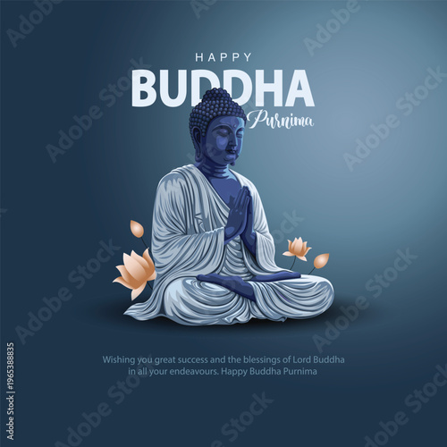 Happy Vesak Day, Buddha Purnima wishes greetings with buddha and lotus illustration. Can be used for poster, banner, logo, background, greetings, print design. abstract illustration design.