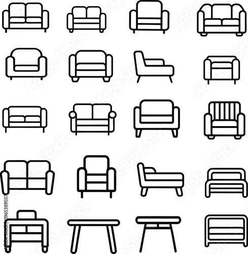 Collection of various sofa and furniture line drawings