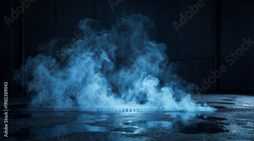 Fotografía Blue smoke billows from a metal grate on a wet, dark concrete floor