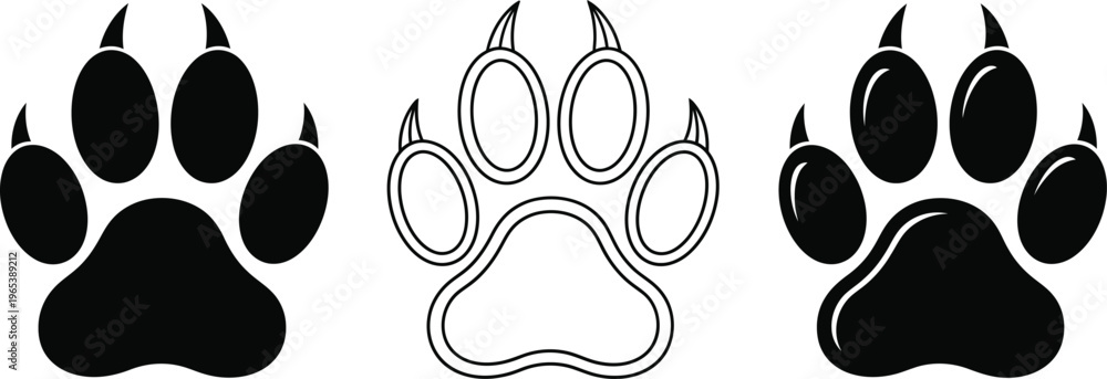 Fototapeta premium Three black and white bear paw prints on a white background