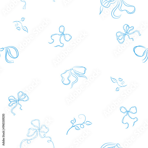 Cute, flirty bows in seamless pattern. Hand-drawn girly ribbon bows isolated on white background. Perfect for weddings, holidays, party decorations, gifts, letters, and stationery. Vector illustration