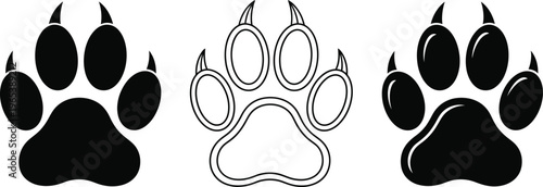 Three black and white bear paw prints on a white background