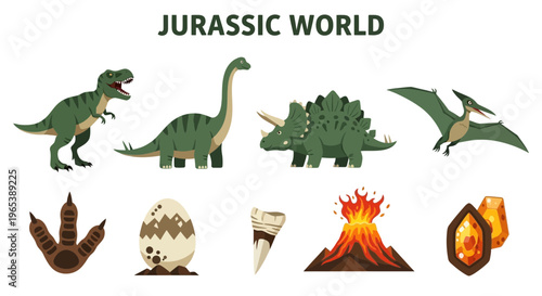 Prehistoric creatures and Jurassic world icons.