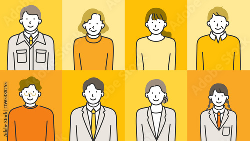 シニア・社会人・制服学生の老若男女集合・笑顔とニュートラル表情の線画イラストセット