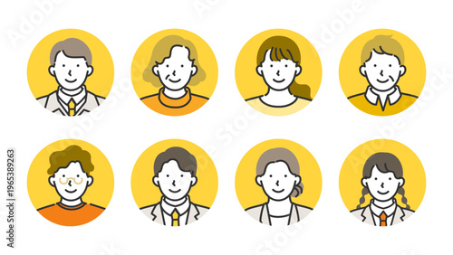 シニア・社会人・制服学生の老若男女プロフィールアイコンセット・線画イラスト