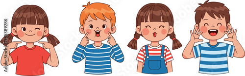 Set of Cute Cartoon Children Making Funny Faces and Expressive Gestures Including Winking Pointing and Shouting for Kids Education Concepts
