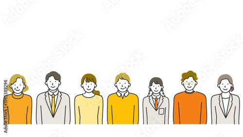 コピースペースあり・シニア・社会人・制服学生の老若男女集合・笑顔の横型バナー線画イラスト