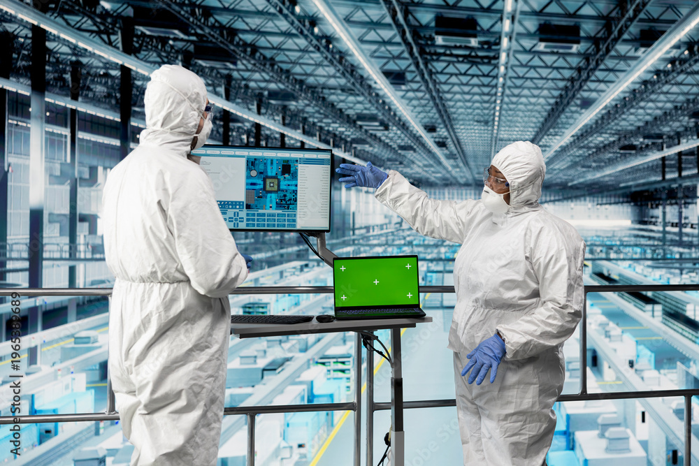 Fototapeta premium Green screen laptop, improving machinery speed and energy efficiency and engineers in microchip factory. Optimizing semiconductor production process, mockup notebook and experts