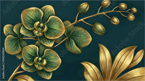 Elegant green orchid flowers with golden accents on dark teal background with floral design with botanical art