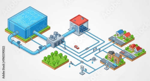 Municipal Water Treatment And Distribution System Illustration.