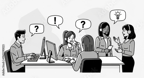 Office team collaborating in a discussion around table.