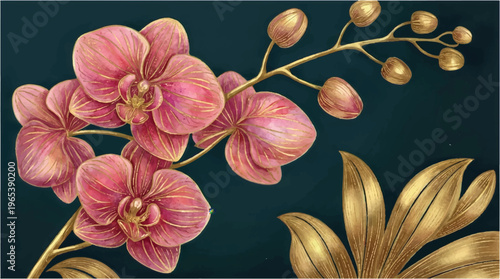 Pink orchid flowers with gold accents on dark teal background with floral design with botanical art
