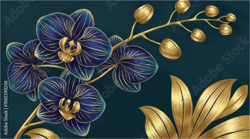 Dark blue orchid flowers with gold details on deep teal background with floral design with botanical art