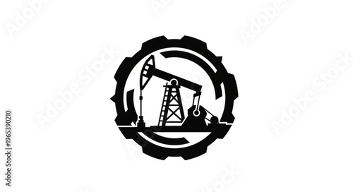 Oil Derrick Silhouette Inside a Gear, Symbolizing Industry and Energy Production.