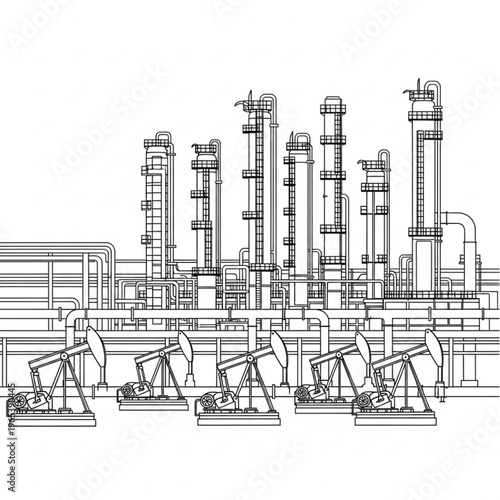 Oil Refinery and Pumpjacks - Industrial Landscape Illustration in Black and White.