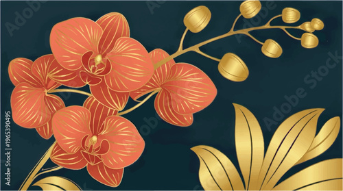 Coral orchid branch with golden accents on dark teal background, exotic floral design