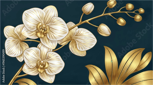 Elegant golden orchid branch with buds on deep teal background, luxury floral illustration