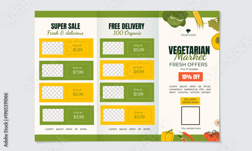 Vegetarian store trifold brochure template. Fresh organic vegetables, eco farming concept, healthy lifestyle promotion, modern clean layout for farm shop, grocery market or bio food catalog.