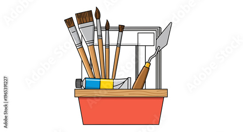 Painter's tools, art supplies, paint brushes, palette knife, colorful illustration