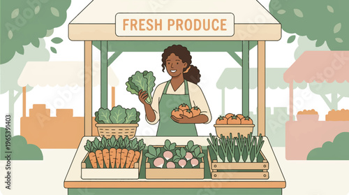 Fresh Produce Market Stall Vendor Woman Green Apron Vegetables Carrots Radish Onion Urban Background Illustration