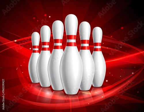 A group of white bowling pins with red stripes on a red background