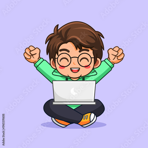 Happy Cartoon Boy Working Successful His Task on Laptop Vector Illustration