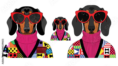 Fashionable dachshund dog vector illustration, stylish sausage dog wearing red sunglasses and colorful sweater, trendy pet portrait set
