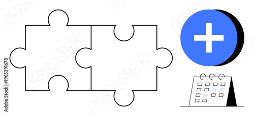Collaboration concept. Puzzle pieces connecting teamwork and idea integration. Collaboration ed with symbols thumbs up a calendar and a plus mark for coordination and scheduling. Business, teamwork