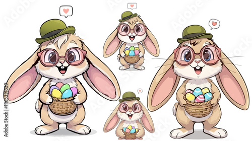 Cute Easter bunny character set, cartoon rabbit wearing glasses and green hat holding egg basket, adorable spring animal vector illustrations
