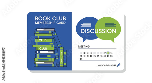 Book club membership card, discussion meeting template, vector library card