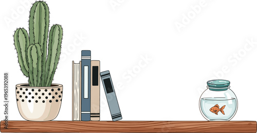 Wooden wall shelf vector illustration featuring a potted cactus books and a small goldfish in a glass bowl for home interior design decoration.