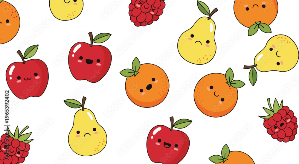 Fototapeta premium Cute fruit seamless pattern with apples pears oranges and raspberries kawaii food background vector illustration design
