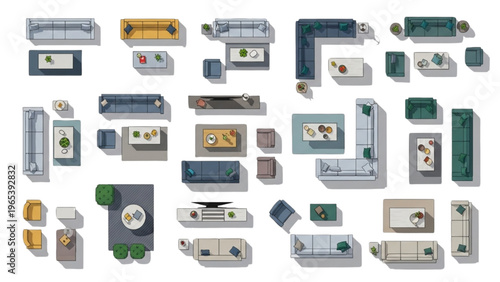 A diverse overhead collection of modern living room furniture arrangements, showcasing various sofa designs, coffee tables, and armchairs for interior design concepts and architectural planning