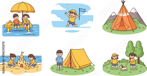Cute kids outdoor activities set with camping beach playing and adventure scenes cartoon vector illustration collection