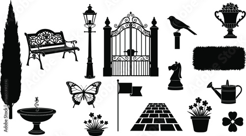 Garden silhouette collection with ornate iron gate bench fountain street lamp butterfly bird cypress tree hedge and landscaping elements for park design