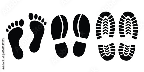 Set different human footprints including baby footprint, clean and minimal stock vector illustration with clear shapes isolated on white background for education and design use.